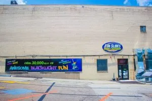 This is a photo of the outside of the Fun Slides Carpet Skatepark building.