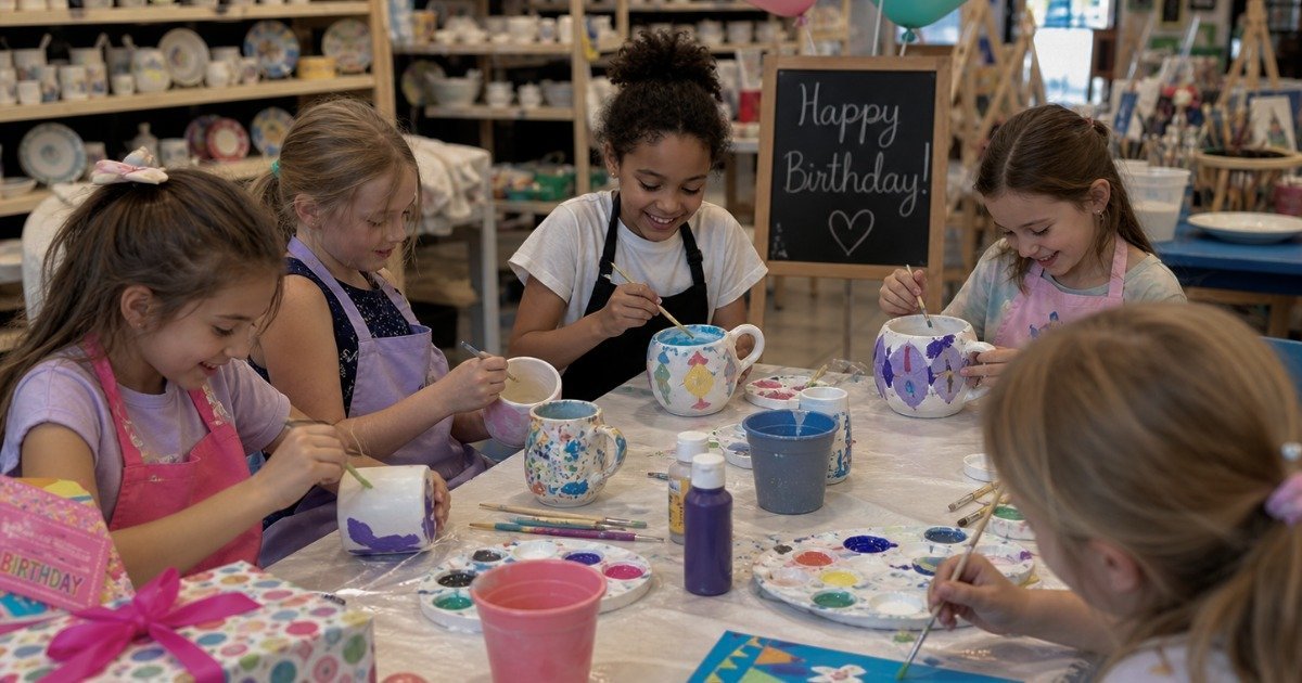 Kids doing arts and crafts at a birthday party in an indoor pottery or painting studio