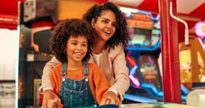 Family with young kids exploring an indoor activity center in Pittsburgh's North Hills on a weekend