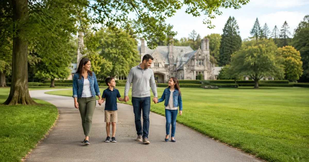 Family walking the grounds at Hartwood Acres Park in the North Hills of Pittsburgh