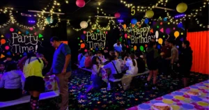Kids celebrating a birthday party at Fun Slides Carpet Skatepark Pittsburgh unaffected by rain or cold weather