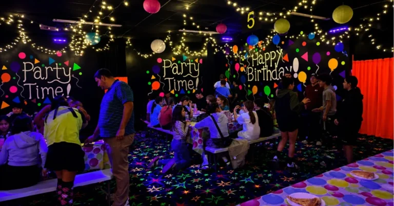 Kids celebrating a birthday party at Fun Slides Carpet Skatepark Pittsburgh unaffected by rain or cold weather