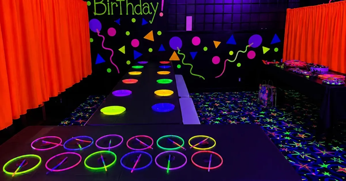 Decorated birthday party room at Fun Slides Carpet Skatepark ready for guests