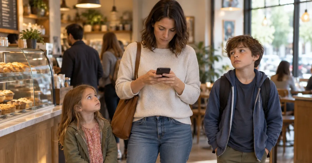 Parent looking at a phone while two kids of different ages wait beside them