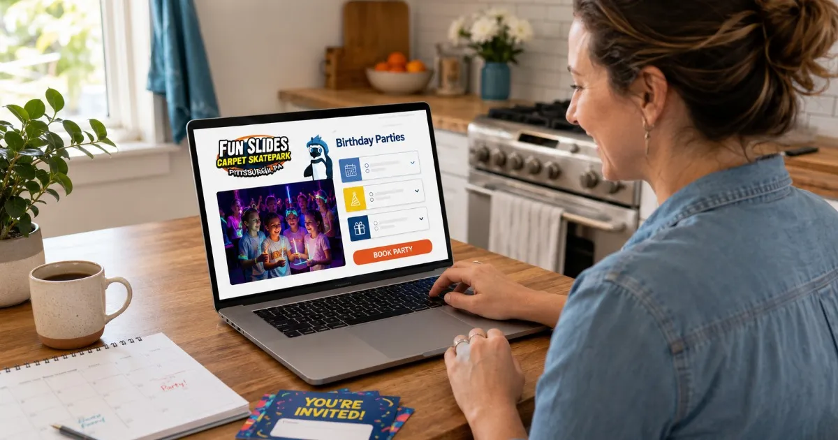 Parent booking a kids' birthday party on a laptop at the kitchen table
