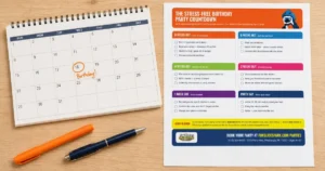 Calendar with a birthday date circled next to a party planning checklist