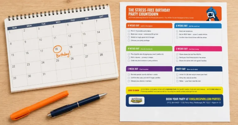 Calendar with a birthday date circled next to a party planning checklist