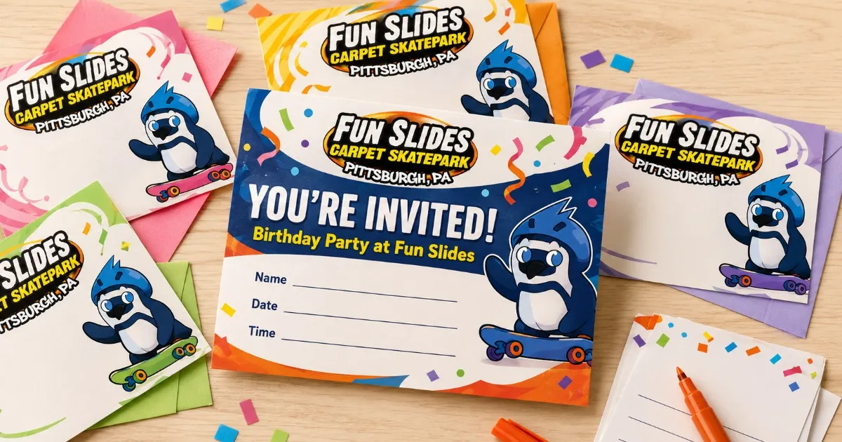 Colorful kids' birthday party invitations laid out on a table